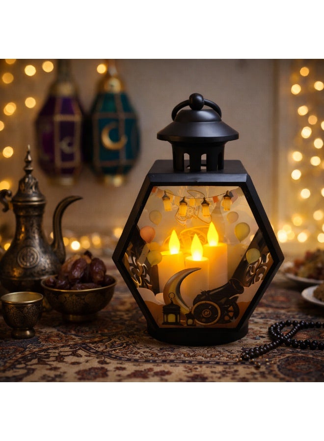 Black Acrylic Ramadan Lantern 23 Cm – 3 Led Candles – Shelf & Hanging Use – Model K06-169 - Image 2
